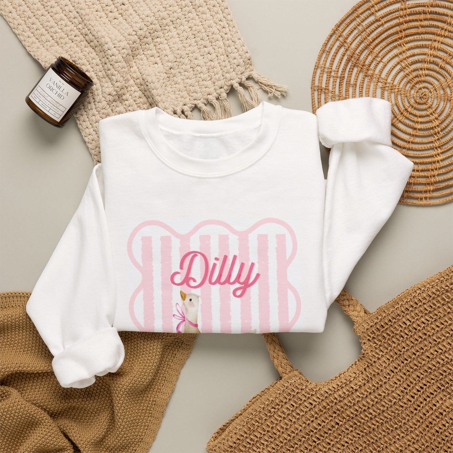 Chicken Crewneck Sweatshirt — "Dilly Dallying" Cute Pastel Hen Graphic