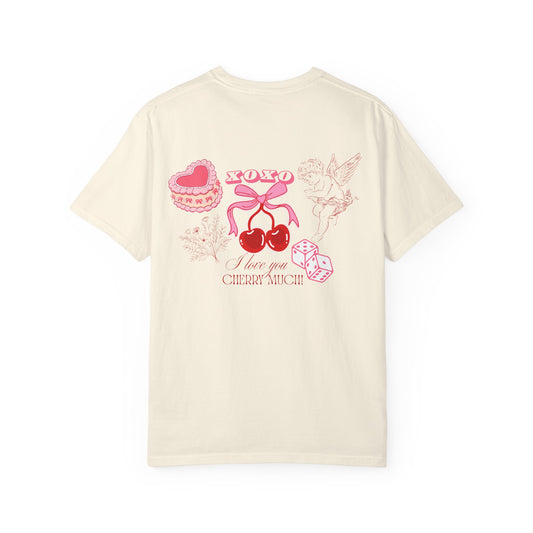 Cherry Babe T‑Shirt — Retro Pink Cherries, Dice & Hearts Graphic Tee
