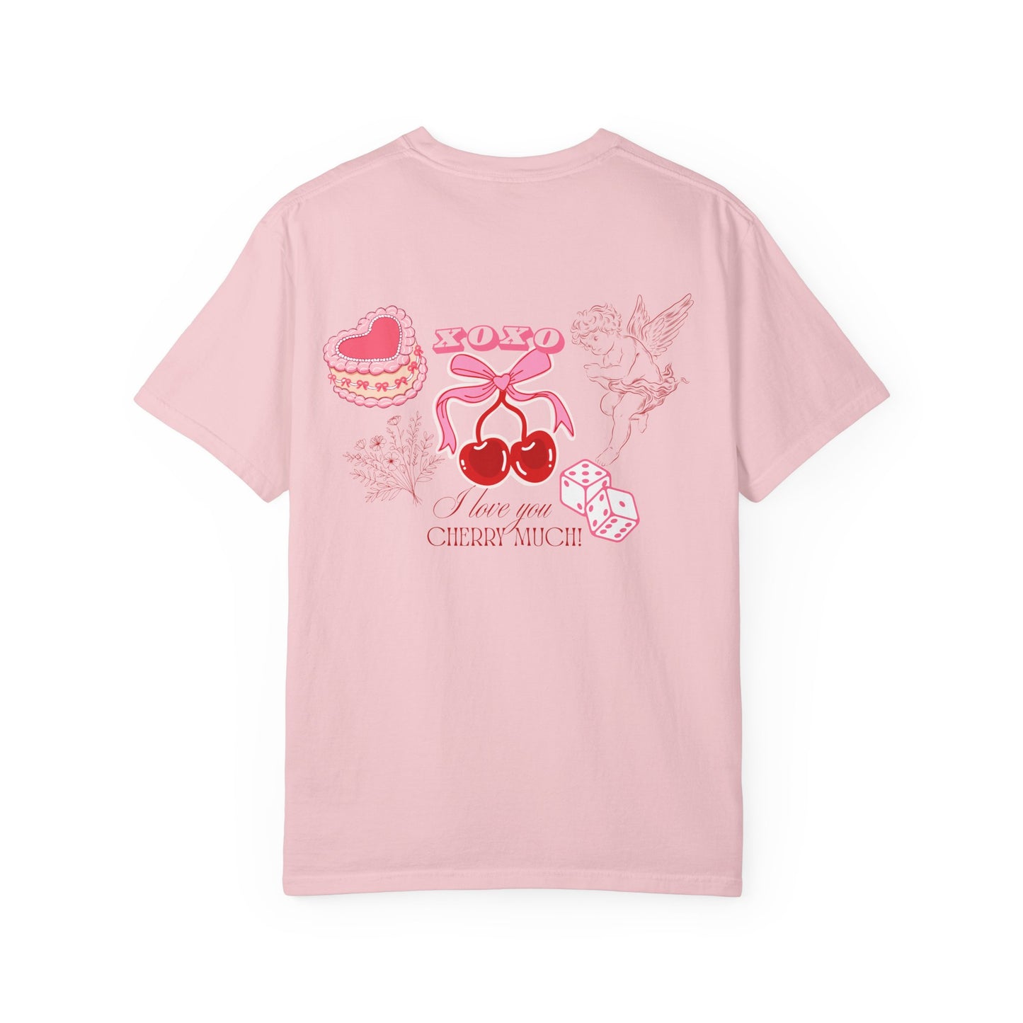 Cherry Babe T‑Shirt — Retro Pink Cherries, Dice & Hearts Graphic Tee