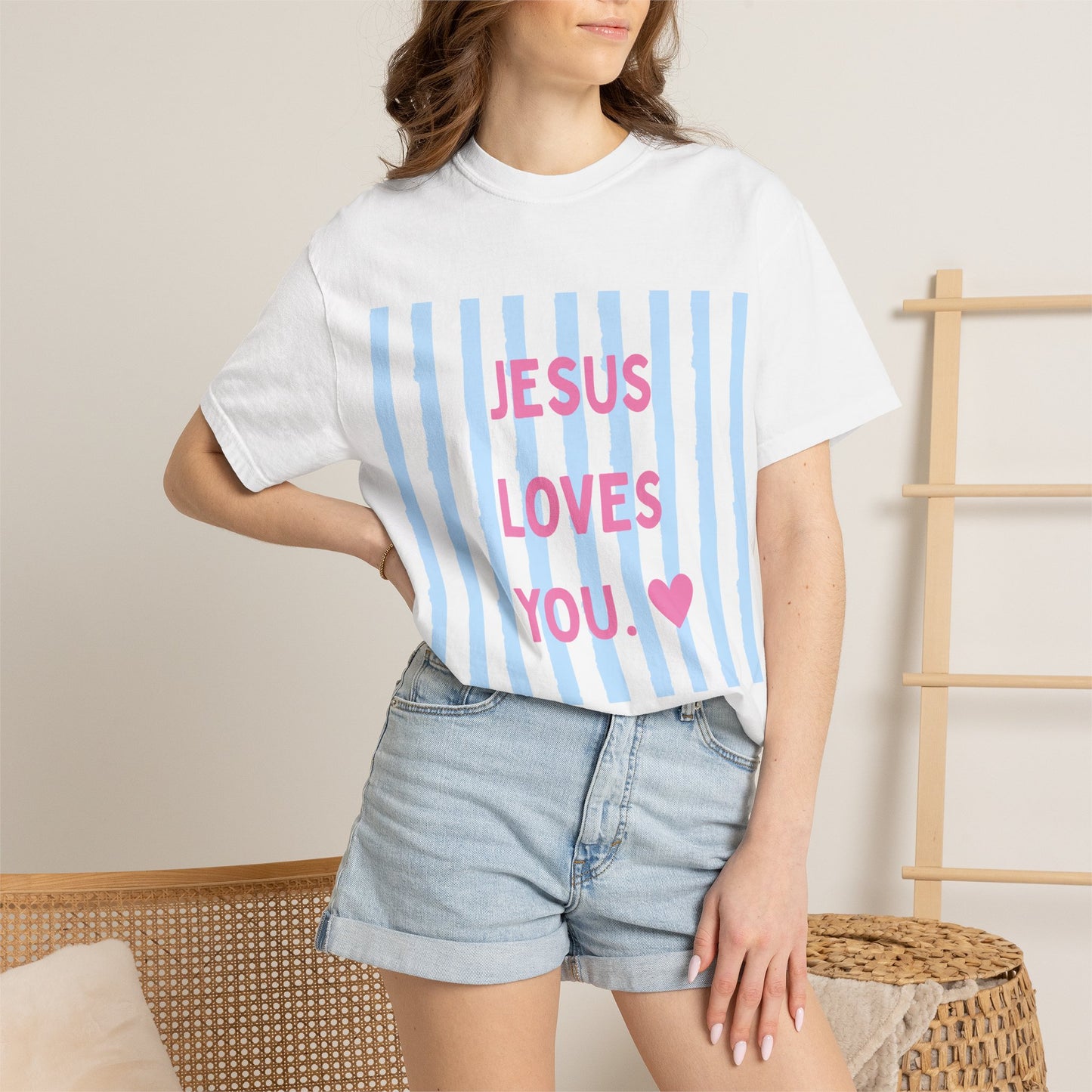 Jesus Loves You T-Shirt — Pastel Striped Faith Tee